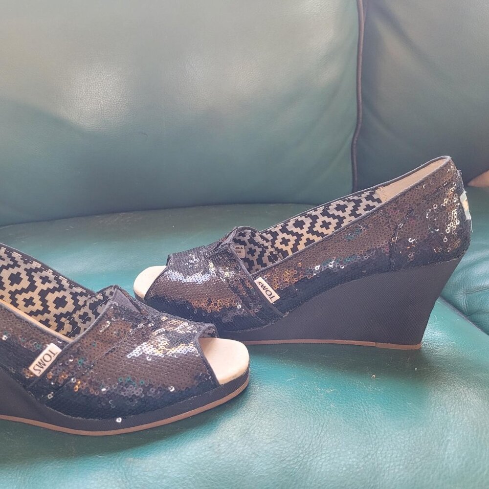 Toms Sequin Open Toe Platform Wedges - image 4